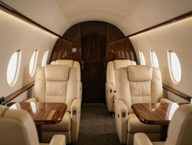 Interior of an empty ultra-luxury private jet cabin, plush cream leather seats, polished wood tables, warm soft ambient lighting, high-end corporate travel, 35mm editorial photography.