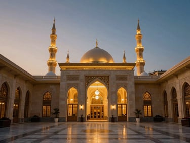 Luxury hotel suite overlooking the holy mosque in Makkah during golden hour, elegant architecture, warm interior lighting, cinematic composition