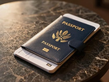 Close-up of luxury travel details, premium leather passport holder and boarding pass on a dark marble table, golden hour light, high-end corporate style, 35mm