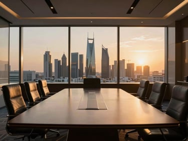 Sleek modern corporate boardroom with panoramic views of Riyadh skyline at sunset, golden hour, high-end luxury business atmosphere
