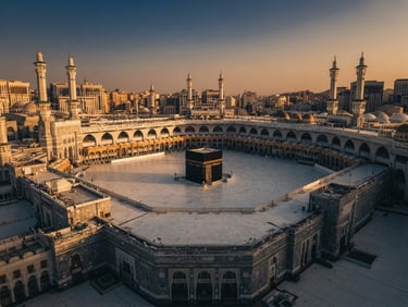 Grand majestic aerial view of the Holy Kaaba in Makkah during golden hour, stunning architecture, serene atmosphere, luxury editorial travel photography, cinematic composition, 35mm, no people.