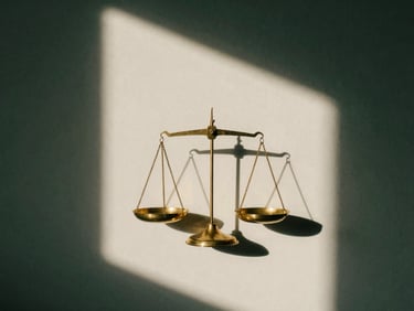 Minimalist fine art photography of a perfectly balanced brass scale, soft architectural shadows, deep forest green and warm ivory tones, elegant composition, 35mm
