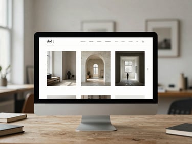 A sleek minimalist website layout shown on a desktop screen in a quiet, sunlit architectural studio, soft shadows.