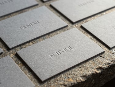 A collection of warm grey business cards with blind-debossed typography resting on a rough stone surface, soft side lighting.