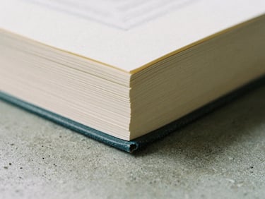 Macro photograph of a heavy art book spine with exposed binding, resting on a textured concrete surface, soft natural light.
