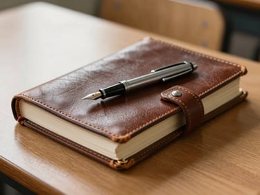 Close-up, soft morning light. A stack of vintage leather-bound journals and a fountain pen resting on a wooden school desk.
