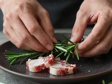 Extreme close-up, natural light. Hands carefully placing fresh rosemary and raw ingredients onto a dark textured ceramic plate.