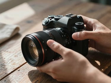 Extreme close-up of hands adjusting a camera lens on a rustic wooden table, soft morning daylight casting long shadows, textured linen cloth nearby.