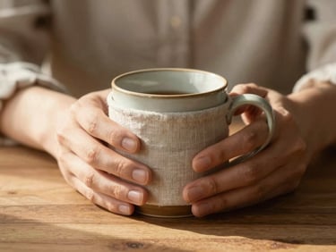 Soft, warm daylight. Hands gently holding a warm ceramic mug wrapped in textured linen, casting soft shadows on a wooden table.
