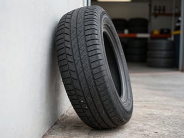 Close-up of a new tire sidewall leaning against a shop wall on the left third of frame, clean tread pattern visible, practical daylight from an open garage door, concrete floor below, no people