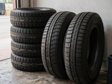 Close-up of stacked used tire treads leaning against a shop wall on the right side of frame, practical daylight from an open bay door, deep tread grooves in sharp focus, concrete floor visible at bottom