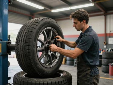 Wide shop bay shot from the left, a mechanic's hands mounting a used tire onto a rim on a tire machine, practical overhead fluorescent and open-bay daylight, tools and tire stack visible in background on the right