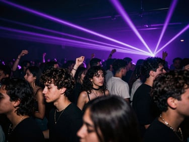 Low-light flash photography of a packed dancefloor, neon purple light beams cutting through haze, fashion-forward crowd, close-up dynamic angle.
