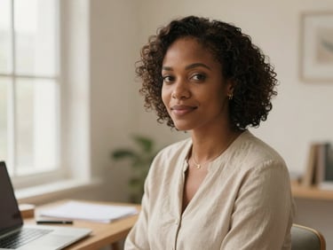 Warm editorial portrait of Favour Chidinma Solomon in a quiet, sunlit workspace, soft natural window light, muted cream and taupe tones, shallow depth of field.