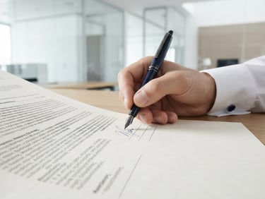 Close-up of a legal contract being signed with a pen, focus on the intricate details of the document, clean corporate setting, bright neutral daylight, deep navy and crisp white tones.