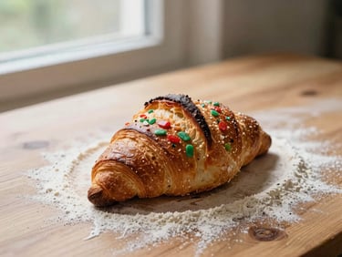 Freshly baked sourdough bread on a flour-dusted wooden table, golden crust, window light