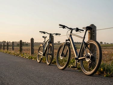 Two e-bikes leaning against a wooden fence post on a paved regional cycling route, soft golden late-afternoon light, no riders visible, open landscape in background