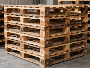 Close-up of neatly stacked wooden pallets inside a clean dry storage parcel, neutral daylight filtering through a side opening, concrete floor visible, no people