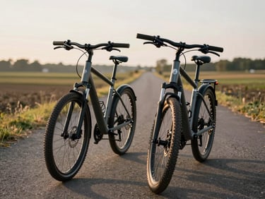 Two e-bikes parked at the edge of a regional cycling path in golden late-afternoon light, handlebars and frame in sharp focus, open trail receding into soft background