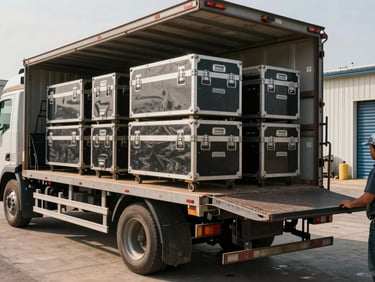 Wide shot of a flatbed truck being loaded with equipment crates at a rental yard, natural daylight, worker hands visible on the tailgate, storage units visible in the background to the right