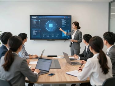 A collaborative corporate training session in a bright, modern conference room, where an instructor shows a clear security interface on a wall screen to engaged professionals.