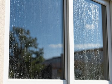 Close-up of a residential window with water sheeting off the glass, revealing a perfectly clean, streak-free surface, reflection of blue sky and trees, bright direct midday sunlight, sharp commercial photography.