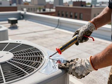 Close-up angled shot of a roofing crew member applying flashing sealant around an HVAC unit on a flat New York City commercial roof, worn work gloves and caulk gun in sharp focus, rooftop surface and equipment visible, high-contrast midday light, no smiling or posed elements