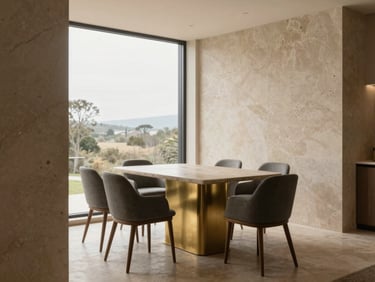 Minimalist modern restaurant dining room, honed travertine stone, brushed brass accents, soft window light, landscape aspect