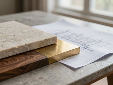 Close-up of tactile materials including honed travertine, brushed brass, and dark walnut wood alongside an architectural blueprint on a stone table, soft natural window light.