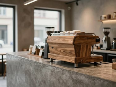 Boutique coffee shop interior, clean concrete counters, warm oak wood, espresso machine in soft focus, landscape aspect