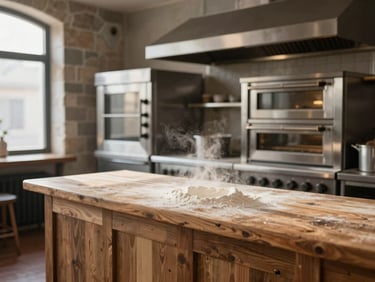 Artisanal bakery kitchen, stainless steel ovens, flour dust in morning light, rustic wood display, landscape aspect
