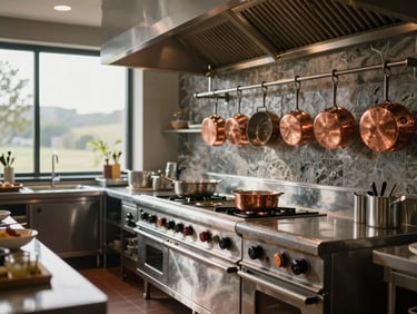 Professional hotel kitchen, clean stainless steel surfaces, copper pots hanging, organized prep stations, landscape aspect