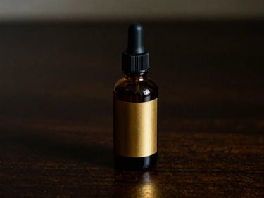 Close-up of a sophisticated amber glass dropper bottle of beard oil with gold label, on a dark polished wood, moody editorial photography, 35mm film
