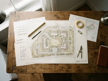 Architectural site plans overlaid on a heavy oak worktable, soft overcast daylight casting clean shadows, muted earth tones, 35mm