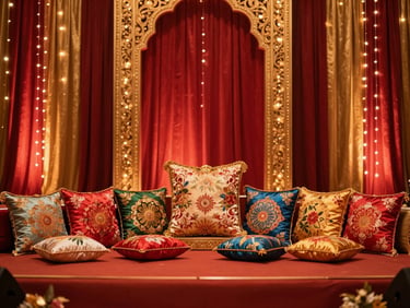 Vibrant sangeet stage setup with warm fairy lights, colorful floral cushions, and elegant gold accents