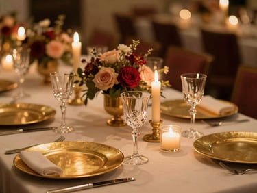 Exquisite banquet table setting with gold plates, crystal glasses, warm candlelight, and soft floral centerpieces