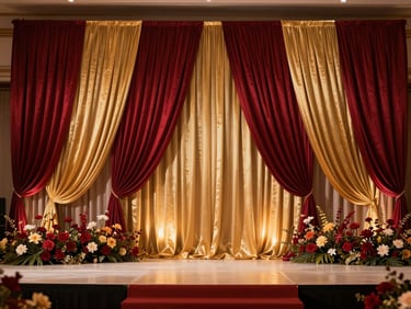 Elegant wedding stage setup with royal crimson and gold drapery, opulent floral arrangements, warm ambient lighting