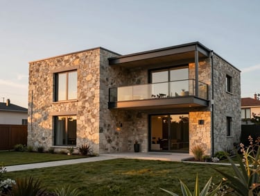 Contemporary residential house with stone walls, private garden, minimalist steel frames, warm sunset light