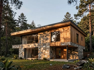 Architectural elevation of a modern forest villa made of local stone and pine wood, integrated into natural surroundings, soft golden hour light.