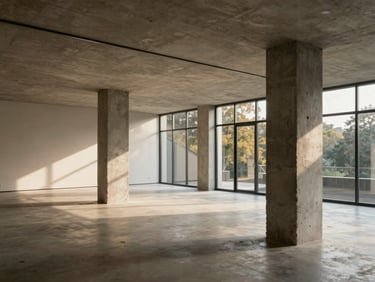 Minimalist office space with exposed concrete pillars, warm lighting, open plan layout, large windows overlooking trees