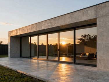 Minimalist modern residence with raw concrete walls, large floor-to-ceiling glass windows, warm golden hour light reflecting on a stone patio.