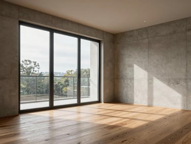 Modern apartment interior with concrete walls, floor-to-ceiling windows, natural wood flooring, soft afternoon light