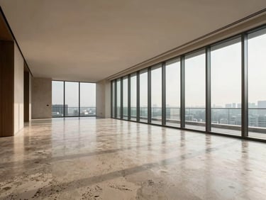 Wide-angle architectural photograph of a luxury penthouse interior with travertine floors and steel frames, soft daylight, minimalist space.