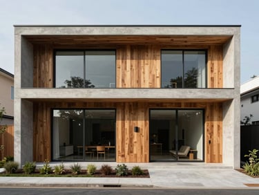 Straight-on architectural elevation of a concrete and oak wood residence, natural daylight, clean lines, high-end residential design.