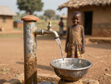 Clean water flowing from a newly installed community tap stand in a Manyu village, a child smiling in the background under warm natural light.