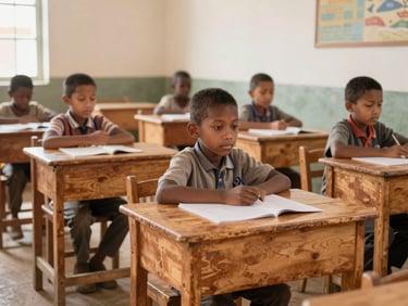Dignified medium shot of children sitting at new wooden desks inside a brightly lit, rehabilitated classroom in Manyu.