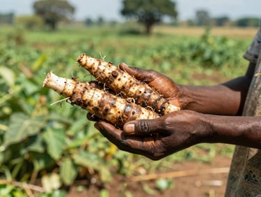 A close-up of a local farmer's hands holding freshly harvested cassava roots in a lush, sunlit field in Cameroon.