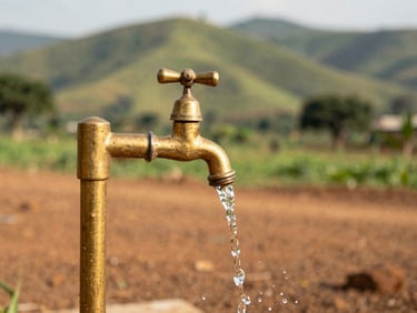 A close-up of clean water splashing from a brass tap stand, green hills of Cameroon blurred in the background, warm equatorial light.