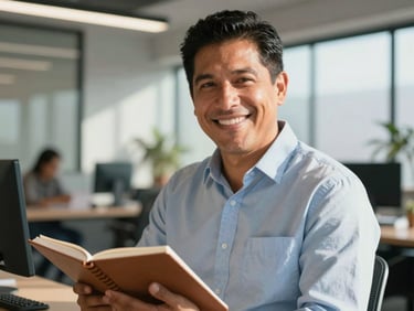 A close-up of a Latin American professional smiling warmly in a sunlit, modern office setting, holding a notebook, looking confident.