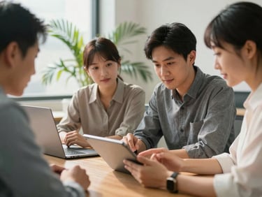 A group of professionals in a bright, modern office with subtle palm plants, collaborating over a tablet, warm natural lighting, medium close-up